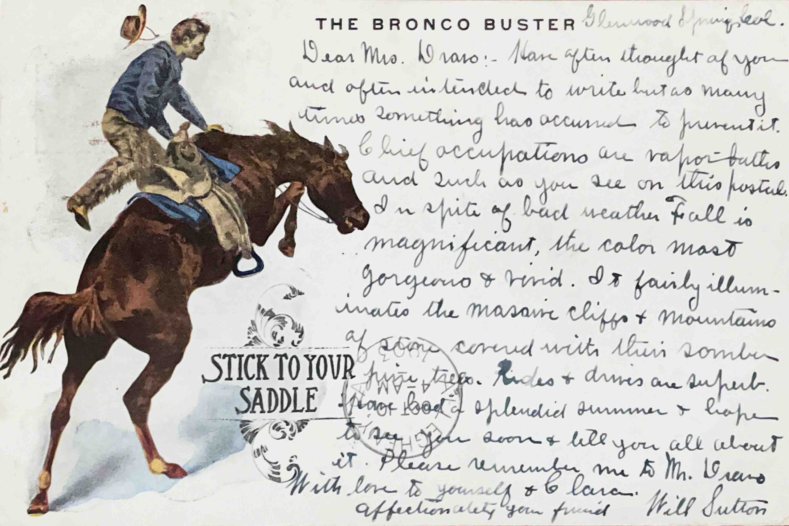 Ansichtskarte "The Bronco Buster" von Will Sutton, 1903, Cowboy auf bockendem Pferd, Glenwood Springs, Colorado.