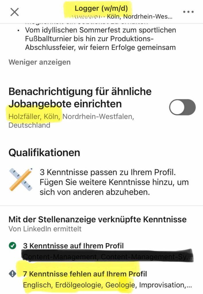 LinkedIn-KI-Fail: Logger wird zu Holzfäller – und plötzlich fehlen Qualifikationen wie Geologie. Ein humorvolles Beispiel für fehlendes Kontextverständnis in der KI!